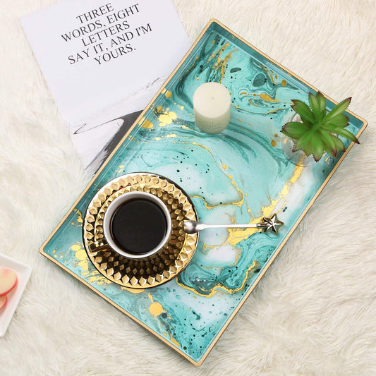 Zosenley Decorative Tray, Marbling Plastic Tray with Handles, Rectangular Vanity Tray and Serving Tray for Bathroom, Kitchen, Ottoman and Coffee Table, 15.6" x 10.2" (Golden Blue)