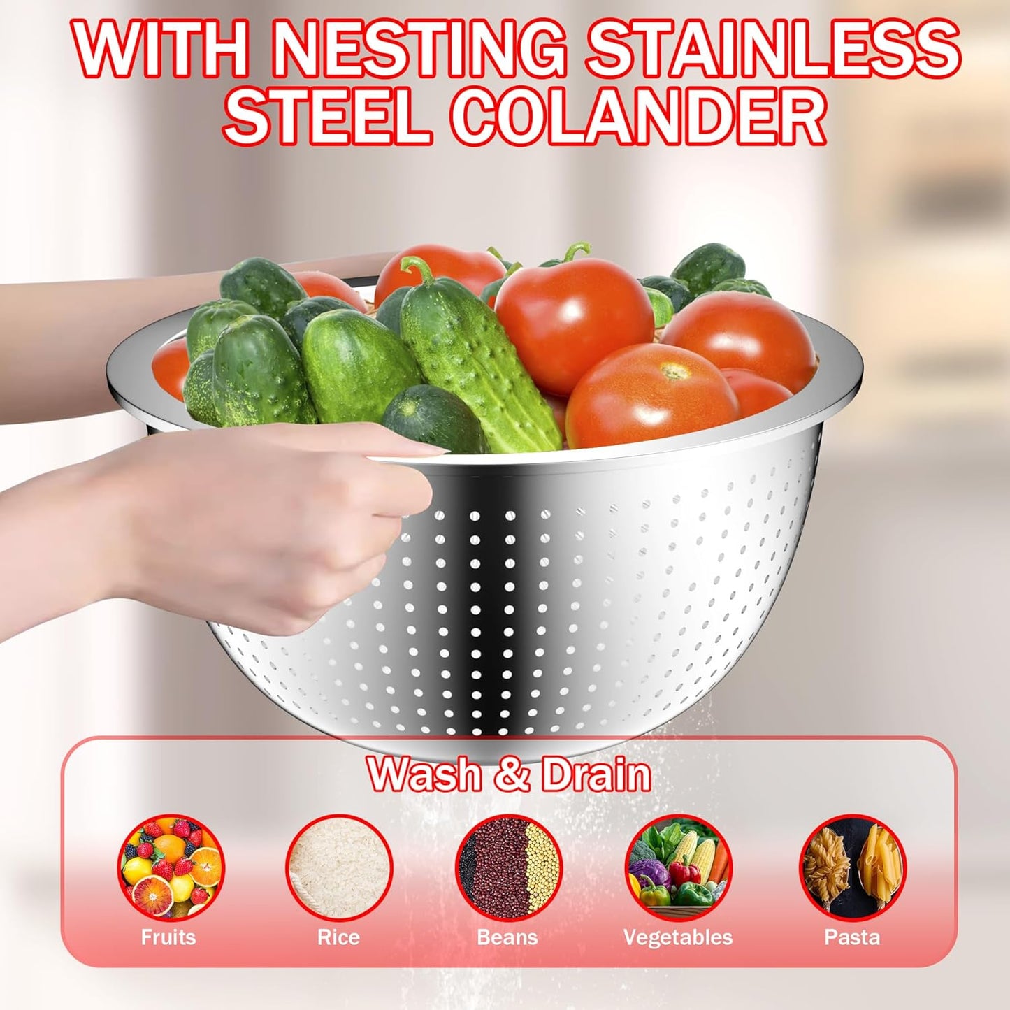 Mixing Bowls with Strainer, Mixing Bowl with Lids Set, Stainless Steel Mixing Bowls, Kitchen Gadgets 2025 Salad Bowls with Strainer for Mixing & Preping & Baking, Multicolor