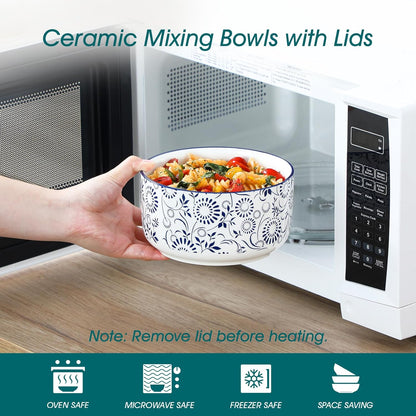 vancasso 36 Oz Ceramic Serving Bowls with Lids Set of 4, Porcelain Lunch Bowls with Lids for Food Storage, Prep Bowl for Kitchen, Microwave & Dishwasher Safe,Series SELENE