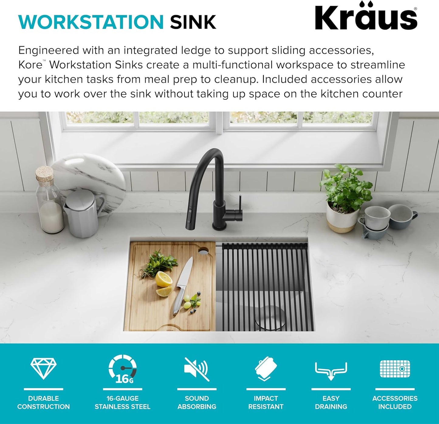 KRAUS Kore 27-Inch Undermount Workstation 16 Gauge Single Bowl Stainless Steel Kitchen Sink with Accessories, KWU110-27