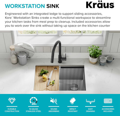 KRAUS Kore 27-Inch Undermount Workstation 16 Gauge Single Bowl Stainless Steel Kitchen Sink with Accessories, KWU110-27