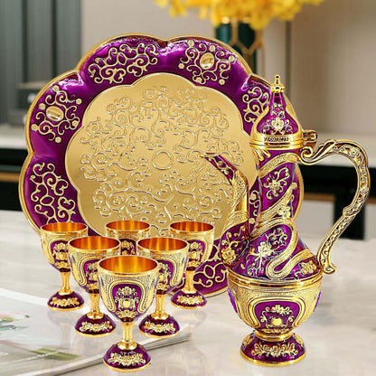 Vintage Turkish Coffee Pot and Cups Set,Tea Service Set Including Teapot,Tea Tray and Metal Cups for Wine Cabinet Decor,Wedding Ornaments (Gold and Purple)