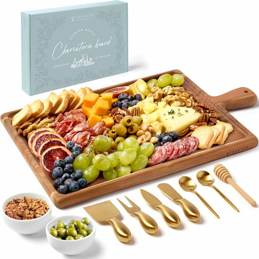 Charcuterie Board Set - Acacia Cheese Board for Serving with Accessories - House Warming Gifts for New Home, Bridal Shower & Wedding Gift, Birthday Gifts for Women