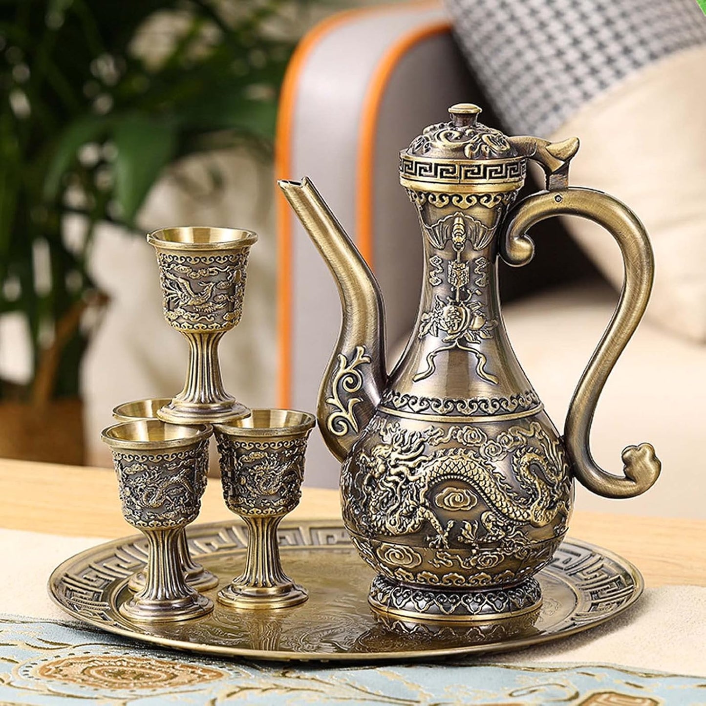 Vintage Turkish Coffee Pot and Cups Set,Teapot Tea Service Set Including 4 Metal Cups and Tea Tray for Tea Table Decor,Wedding Ornament (Bronze)