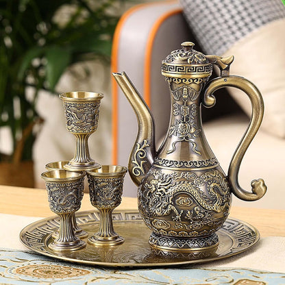 Vintage Turkish Coffee Pot and Cups Set,Teapot Tea Service Set Including 4 Metal Cups and Tea Tray for Tea Table Decor,Wedding Ornament (Bronze)