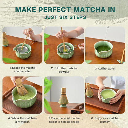 ZentButCool Matcha Set Includes Ceramic Matcha Bowl, Bamboo Whisk (Chasen), Scoop, Stainless Steel Matcha Sifter, And Whisk Holder (White)