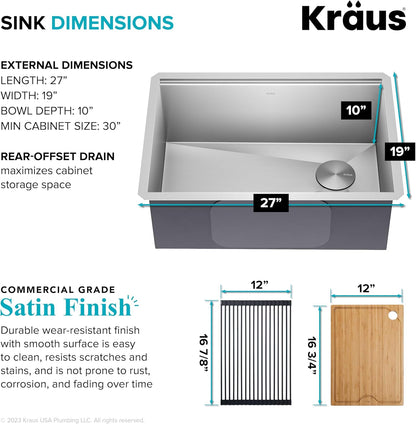 KRAUS Kore 27-Inch Undermount Workstation 16 Gauge Single Bowl Stainless Steel Kitchen Sink with Accessories, KWU110-27