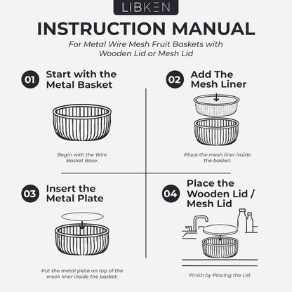 Metal Fruit Bowl Basket with Wooden Lid - Fruit and Vegetable Holder For Kitchen Counter - Countertop Display Baskets Organizer - Bowl Storage for Veggie, Fruits, Snack, and Banana - Peach