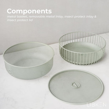 Metal Fruitbasket with Mesh Lid and Basket - Fruit and Vegetable Holder For Kitchen Counter - Countertop Display Baskets Organizer - Bowl Storage for Veggie, Fruits, Snack, and Banana - Green
