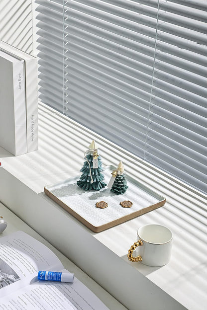 Vanity Tray with Brown Trim - Candle & Perfume Holder Organizer - Decorative Square White 8"8" Bathroom Countertop Tray