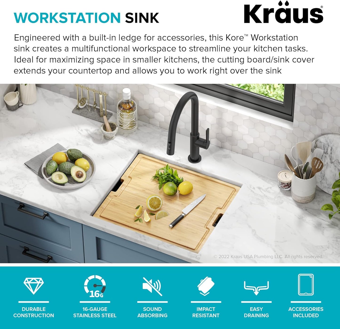 KRAUS Kore 21 Inch Undermount Workstation 16 Gauge Stainless Steel Single Bowl Kitchen Sink n PVD Gunmetal Finish with Accessories, KWU1101-21-PGM