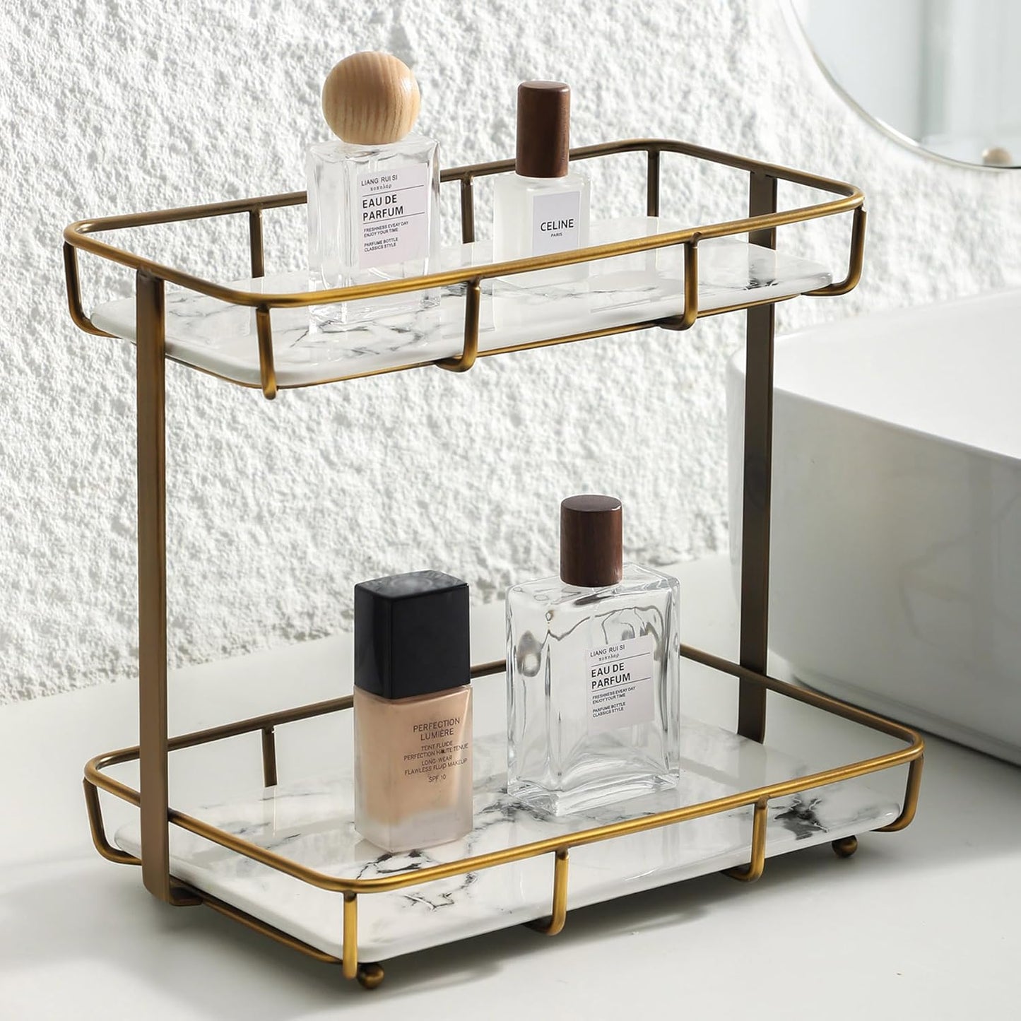 Bathroom Organizer Countertop Perfume Organizer Makeup Organizer Cosmetics Storage Display Rack Vanity Tray Dresser Stainless Steel Gold Shelf White Marble Ceramic Tray