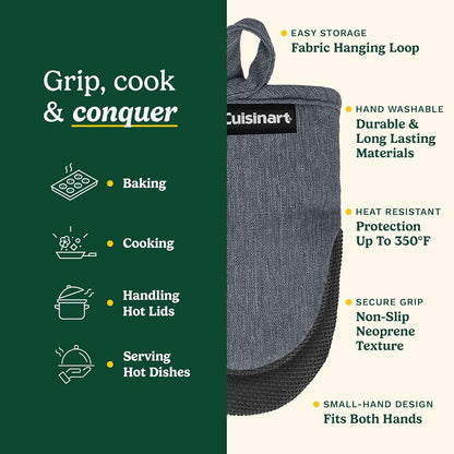 Cuisinart Mini Oven Mitts – 5.5” x 7” Heat-Resistant Kitchen Mitts for Oven with Non-Slip Neoprene Palm, Cotton Filling, and Fabric Loop – Durable Oven Mitt Set for Cooking & Baking (Charcoal)