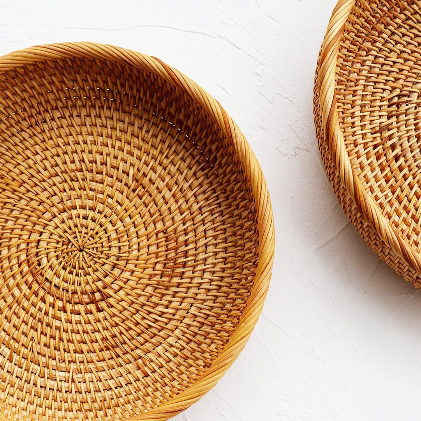 I-lan 3 Pack Round Bread baskets with 2" Wall, 11 Inch Rattan Fruit Basket with Rolled Edge, Decorative Natural Basket Wicker Bowl for Nuts, Candy Catch All Dish, Storage, Coffee Table, Brown, S M L