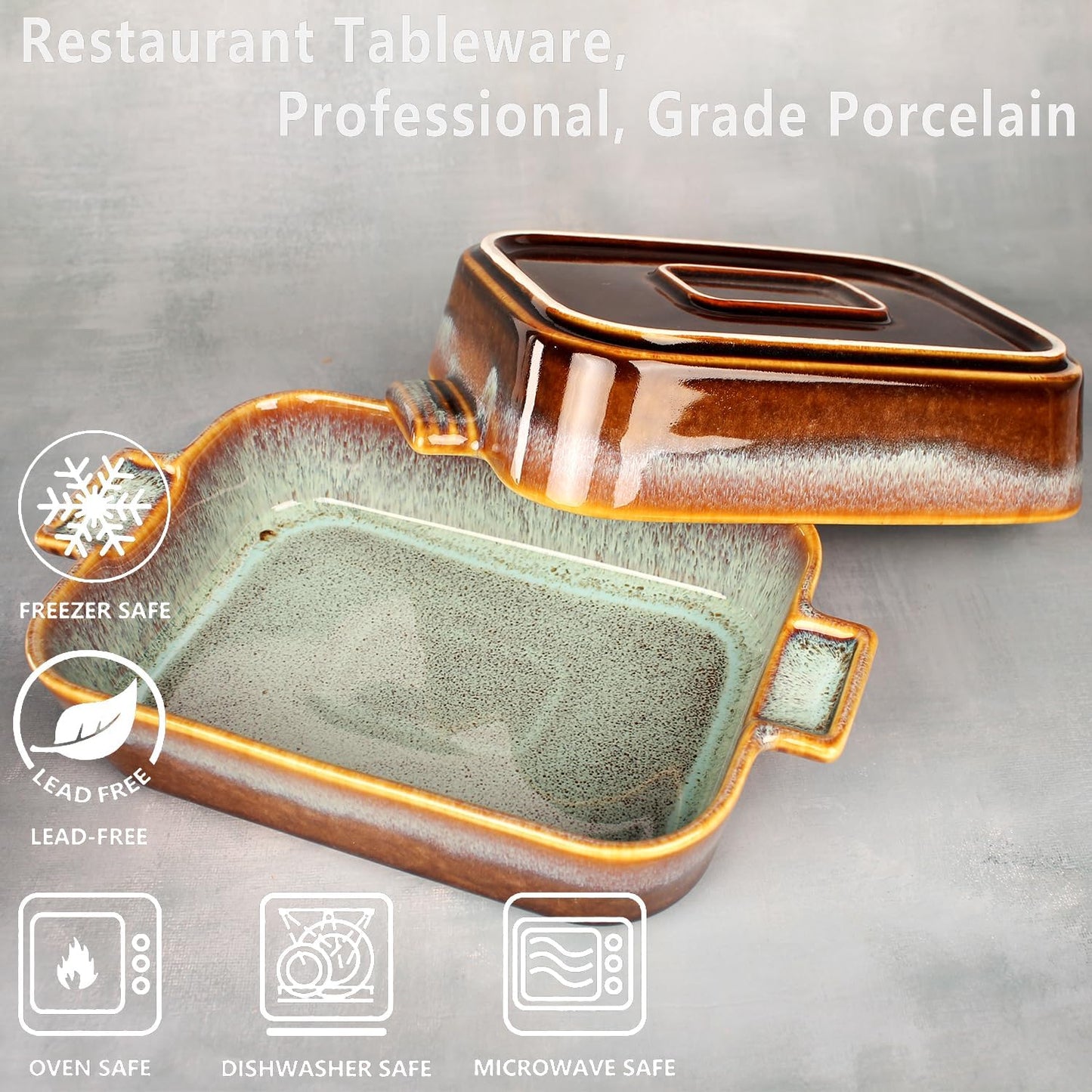 Rectangular 11.5 x 8.5 Casserole Dish, 2.5 Qt Ceramic Au gratin Baking Dish with Handles, or for mixing, salad, pasta plate, Best gift for those who love baking, Microwave, Oven safe