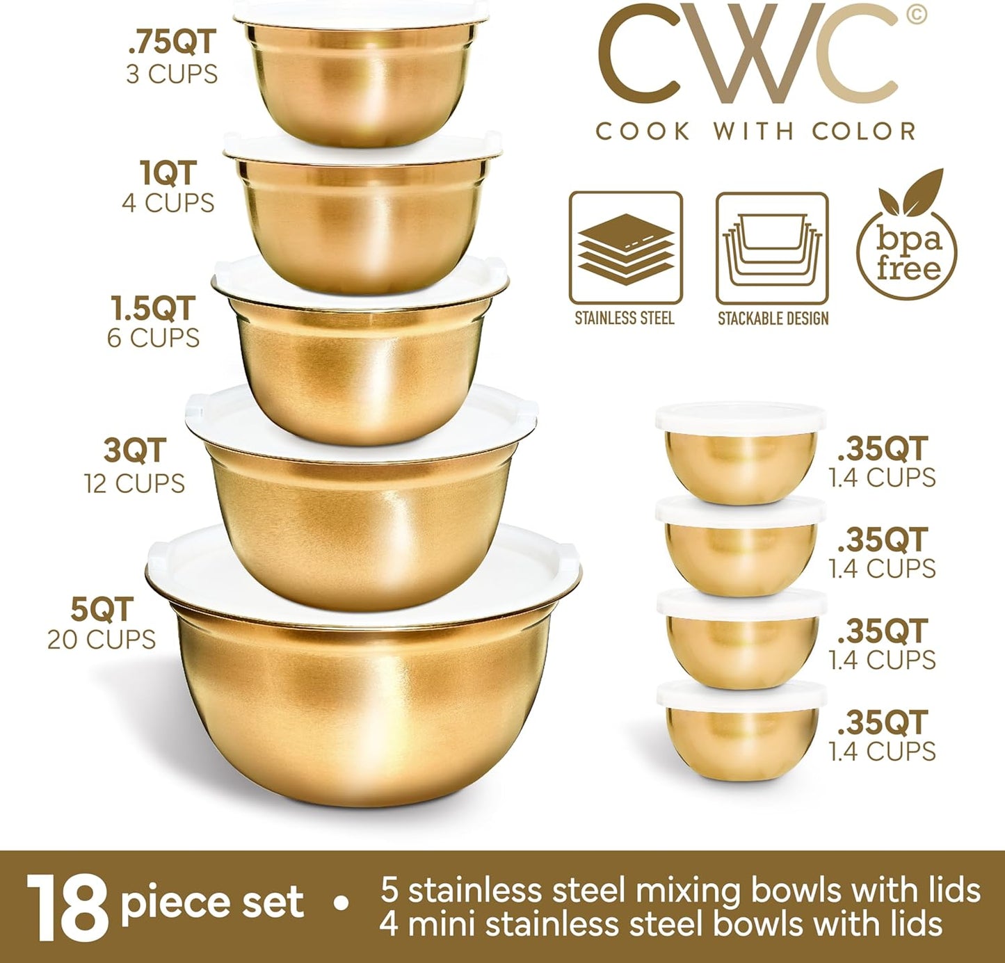 COOK WITH COLOR 18 Piece Mixing Bowls Set with Airtight Lids, Stainless Steel Bowl Organizers, Food Storage Containers, Meal Prep, Nesting Salad Bowls For Cooking, Baking, Kitchen Use, Gold