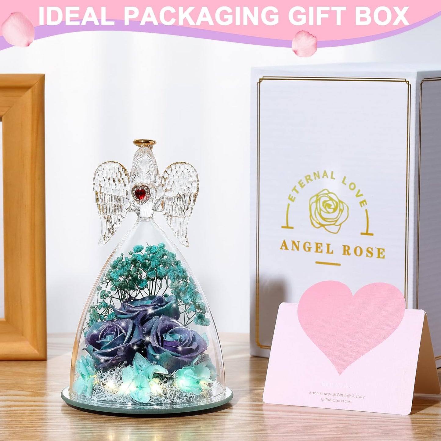 Mothers Day Rose Gifts for Women, Large Angel Figurines with Real Roses, Preserved Real Flower Rose for HerGlitterPurpleAquablue