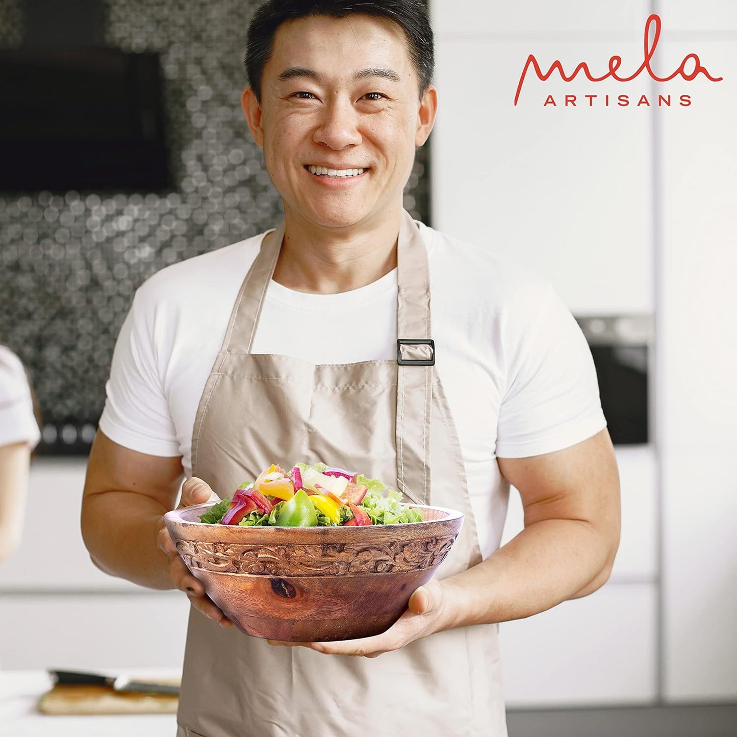 Mela Artisans Wooden Fruit Bowl | Medium Burnt Finish | 9” Mango Wood Serving Bowl with Felt Pads | Multipurpose for Kitchen Countertop |Salad | Snacks | Breads & More | Natural Grain Texture