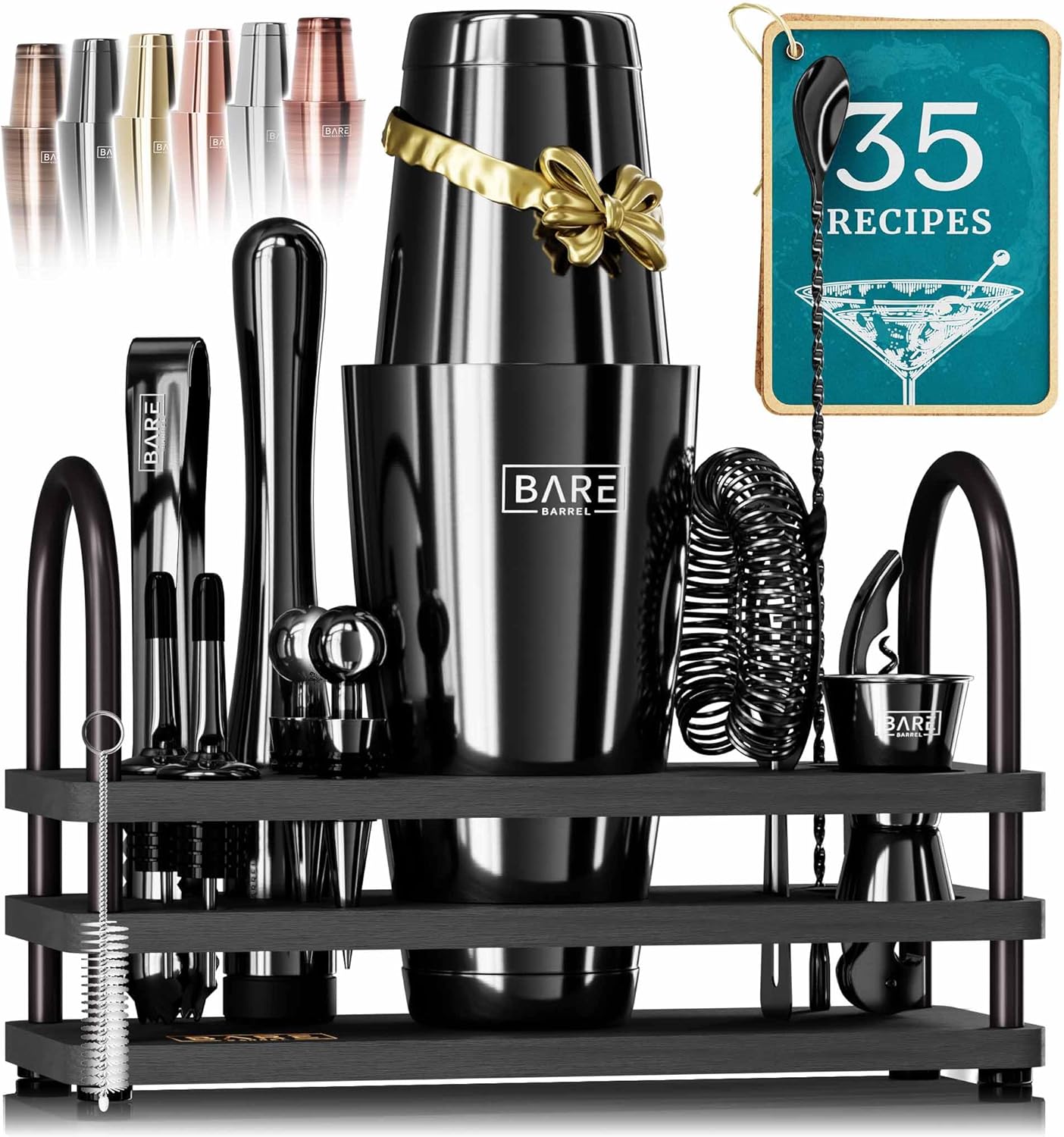 BARE BARREL® Mixology Bartender Kit Bar Set | 14-Piece Cocktail Shaker Set | Martini Barware Mixing Tools for Home Bartending | 35 Recipe Cards | Gift Set (28oz Boston Shaker, Jet Black/Black)
