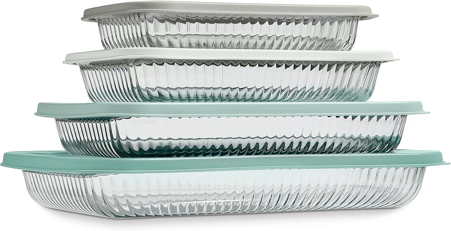COOK WITH COLOR 8-Piece Deep Glass Baking Dish Set with Plastic Lids – Casserole and Food Storage Containers for Lasagna, Leftovers – Freezer-to-Oven, Microwave & Dishwasher Safe, Fluted Sage