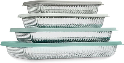 COOK WITH COLOR 8-Piece Deep Glass Baking Dish Set with Plastic Lids – Casserole and Food Storage Containers for Lasagna, Leftovers – Freezer-to-Oven, Microwave & Dishwasher Safe, Fluted Sage
