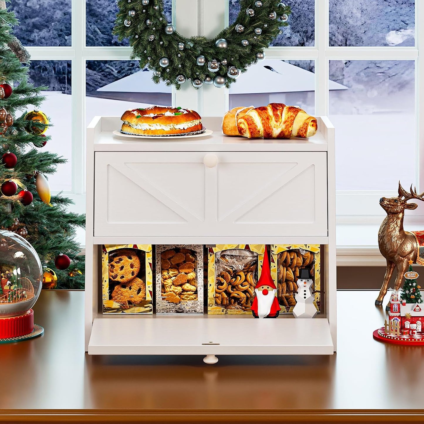 Vintage Double Layer Bread Box for Kitchen Counter Bamboo Bread Storage Container Large Capacity Bread Storage Bin (White)