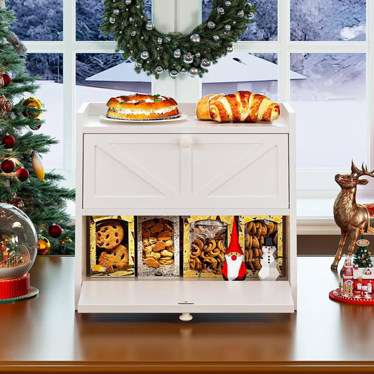 Vintage Double Layer Bread Box for Kitchen Counter Bamboo Bread Storage Container Large Capacity Bread Storage Bin (White)