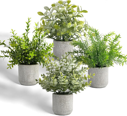 4 Pack Small Fake Plants in Farmhouse Concrete Planter, Artificial Plants Indoor for Home Decor, Small Faux Plants Indoor for Bathroom Bedroom Shelf Desk Office Table Kitchen Room Decor