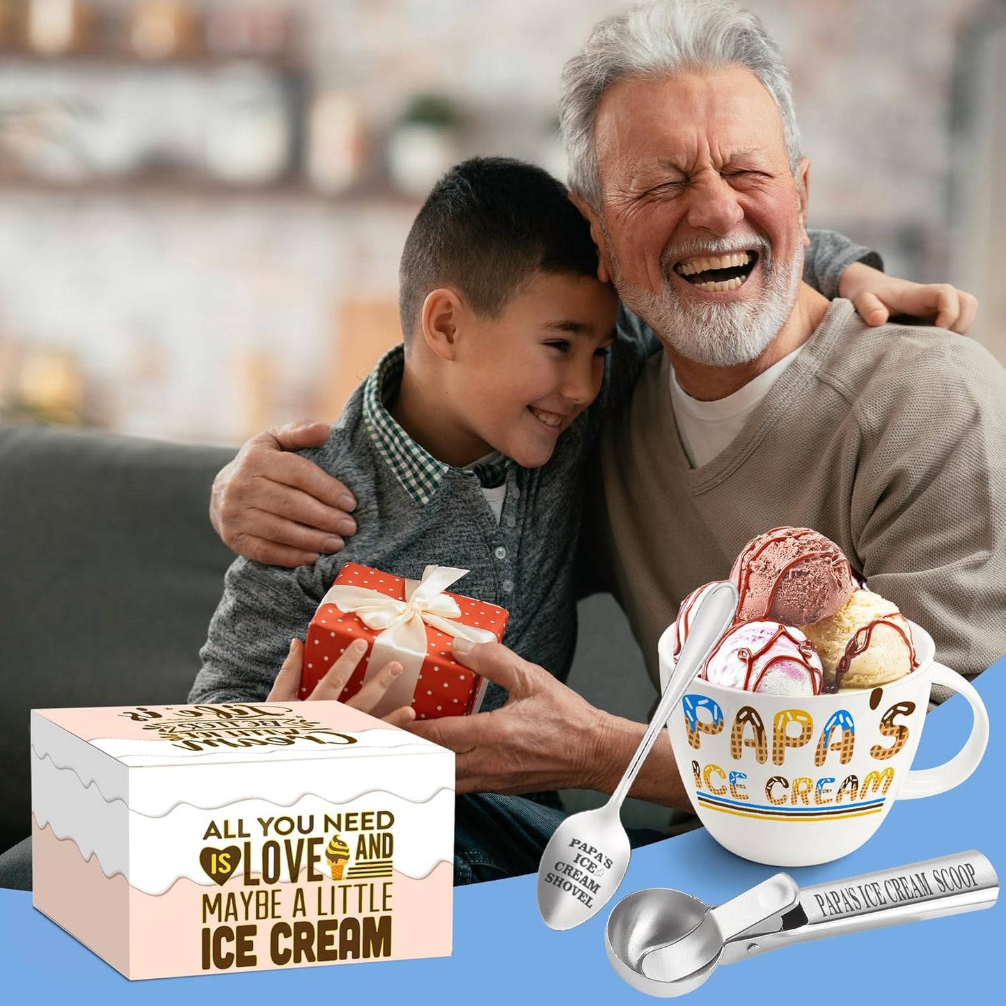 Christmas Papa Gifts, Gifts for Him Papa, Dad's Ice Cream Bowl Scoop Shovel Spoon Set, Papa’s Ice Cream Gift, Ideal Xmas Birthday Father's Day Gift for Man
