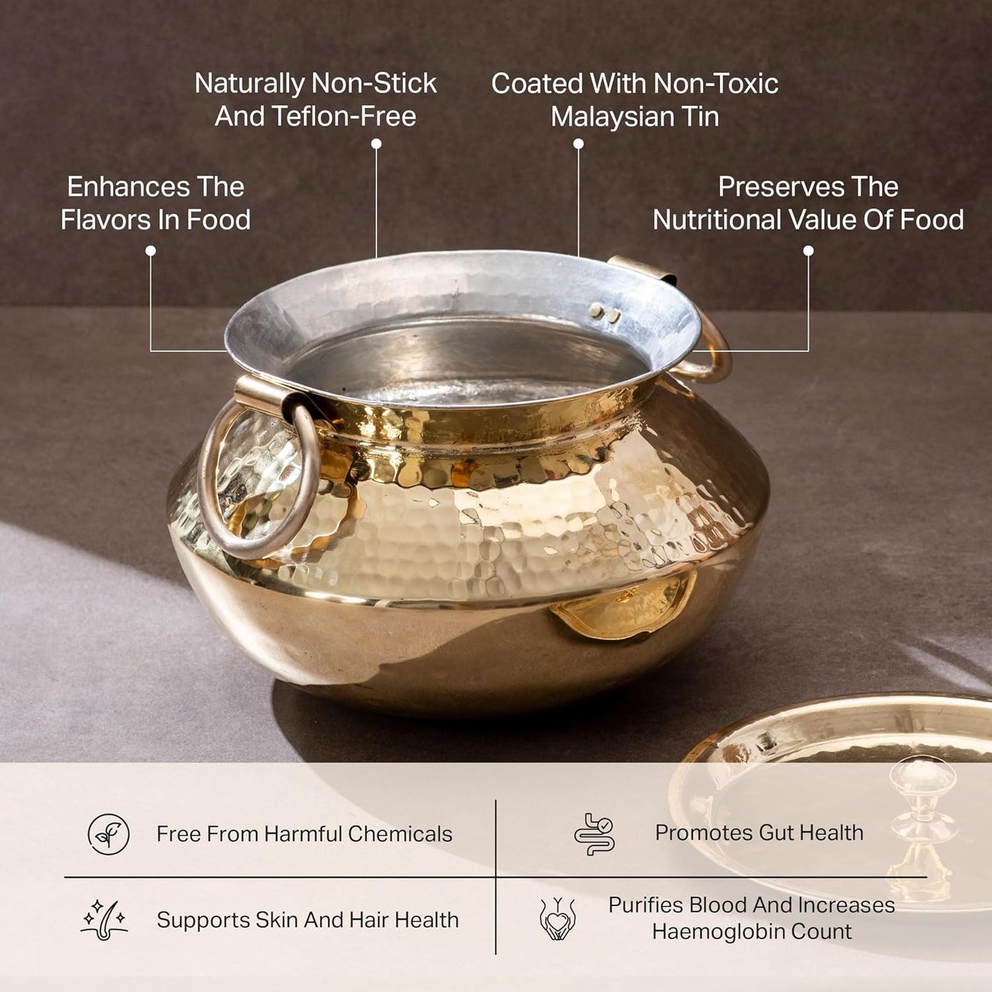 P-TAL Brass Patili with Lid and Handles for Cooking Teflon Free Degchi 3L Brass Handi for Cooking