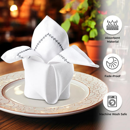 Urban Villa Cloth Napkin Set of 6 Hemstitch White Black 20x20 Inches Premium Soft Cotton Highly Absorbent Reusable & Washable Dinner Table Napkins for Home and Weddings