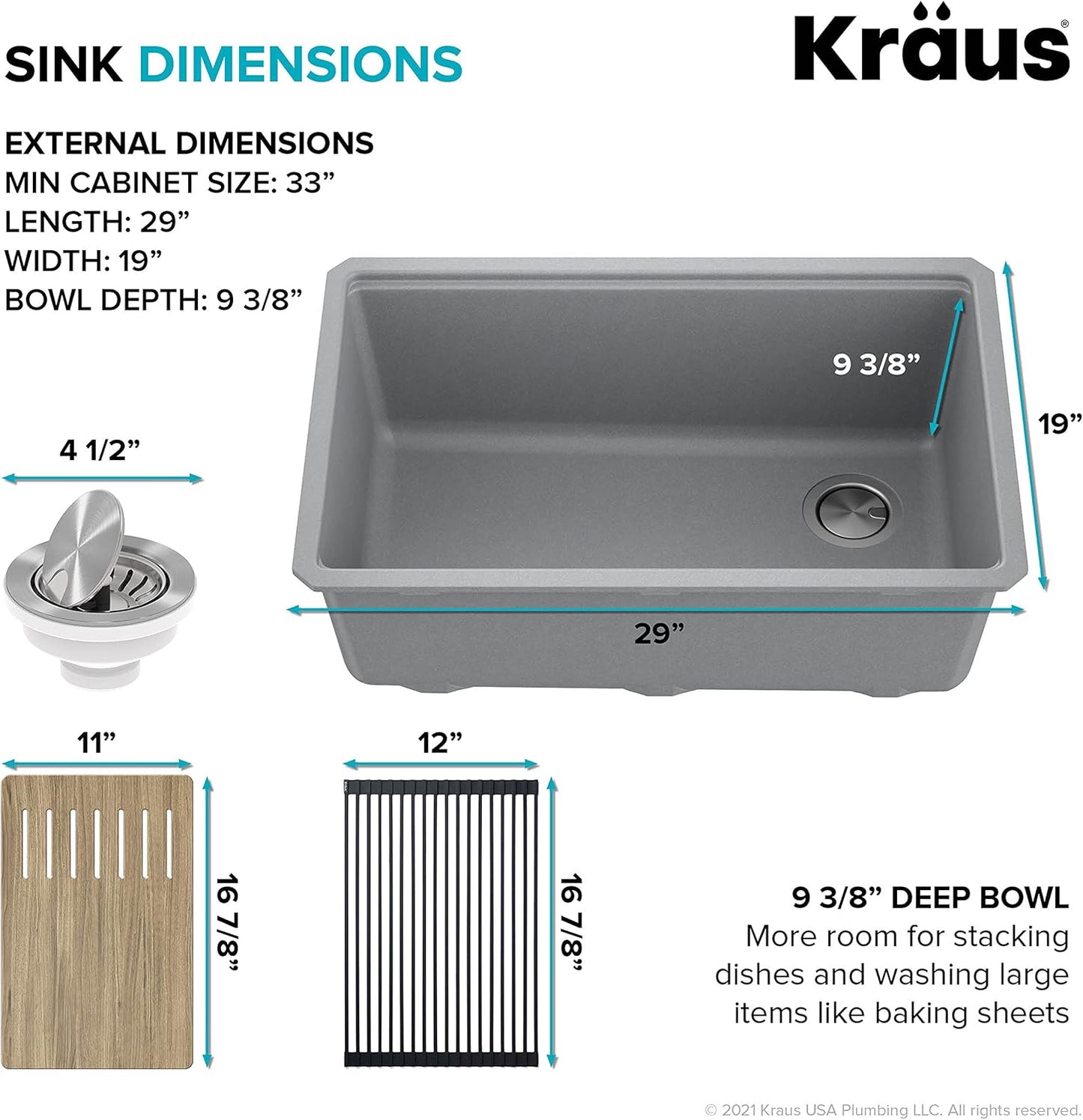 KRAUS Kitchen Sink Bellucci 29” Undermount Workstation Granite, Metallic Gray, Accessories, KGUW2-30MGR