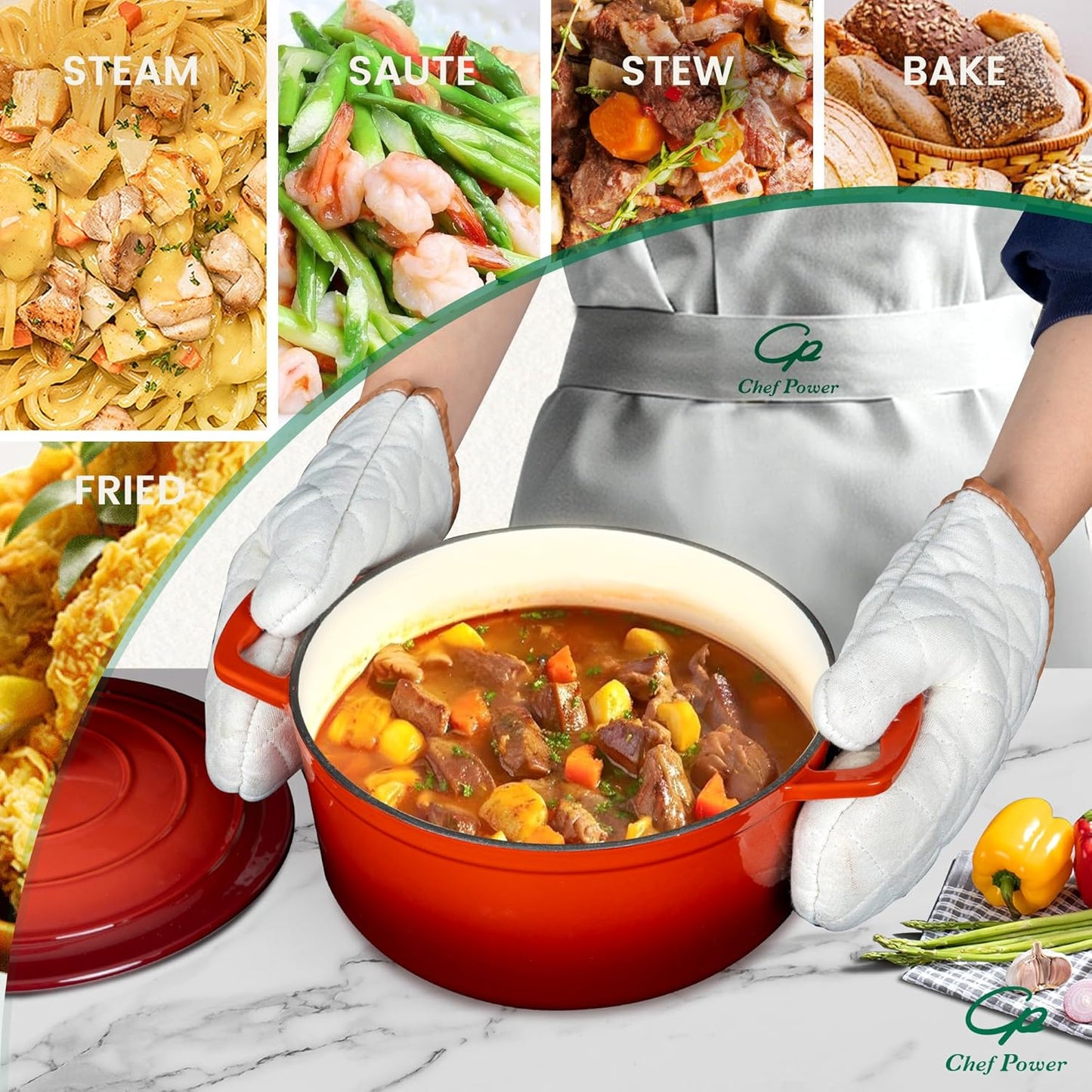 Chef Power Dutch Oven Pot with Lid 5QT, Enameled Cast Iron Dutch Oven for Bread Baking, Braising, Stews, Roasting, Oven Safe Dutch Ovens, Gradient Red