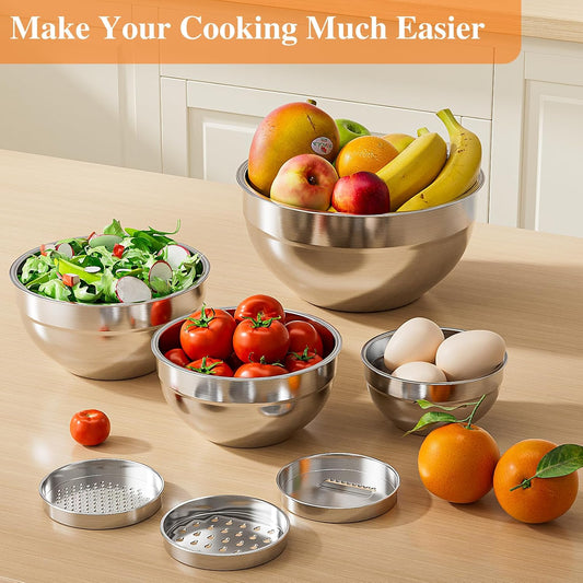Mixing Bowls with Lids Set, 6 PCS Stainless Steel Mixing Bowls with 3 Grater Attachments, Kitchen Food Storage Organizers Nesting Mixing Bowl, Large Size 4.5, 3.5, 2.1, 1.5, 1.1, 0.7QT