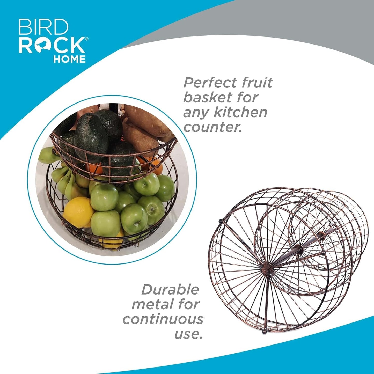 BIRDROCK HOME 3 Tier Wire Fruit Basket | Round Metal Standing Baskets | Fruit Vegetable Garlic Caddy | Freestanding Rustic Decorative Basket