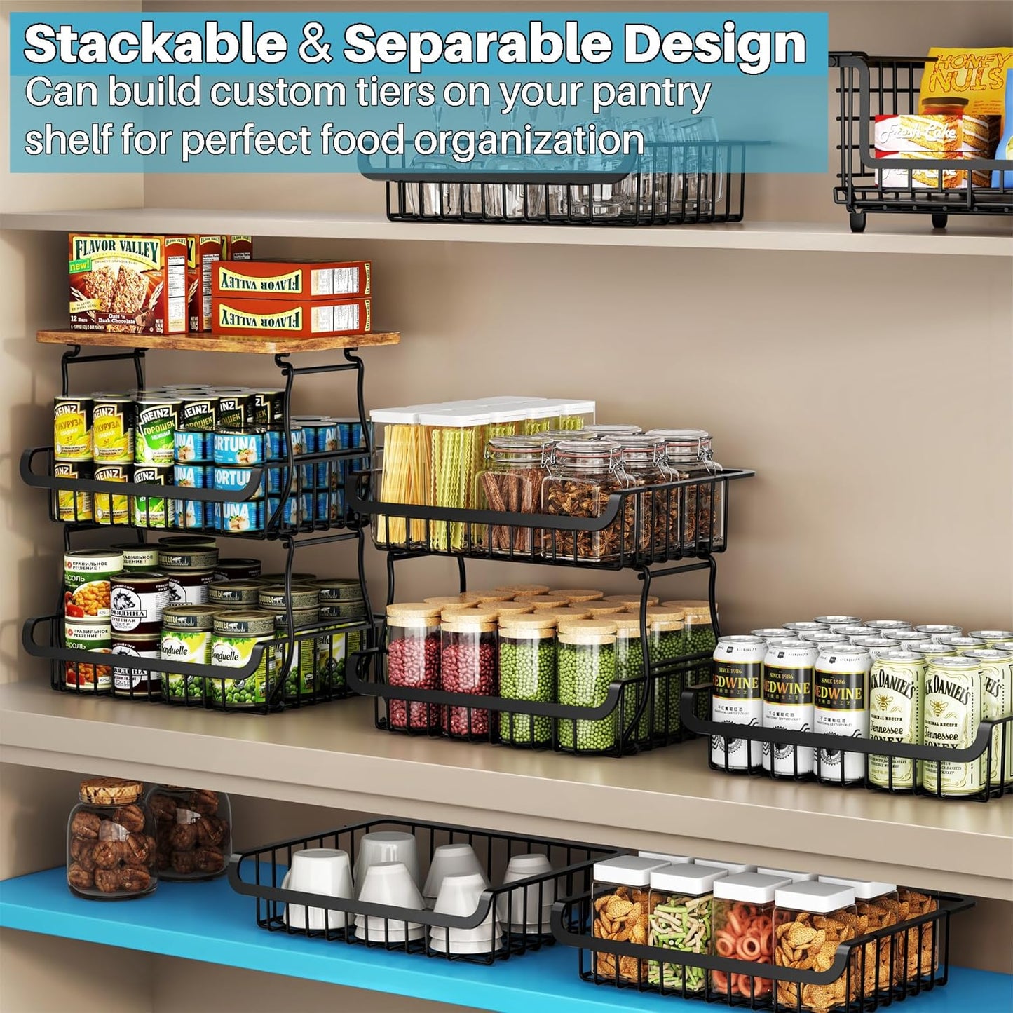 4 Tier Pantry Organizers and Storage Cart with Rolling Wheels, Stackable Metal Pantry Baskets for Pantry Shelves, Kitchen Fruit Basket Stand and Storage Rack for Snack Bottled Water Vegetable Bathroom