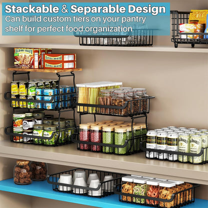 4 Tier Pantry Organizers and Storage Cart with Rolling Wheels, Stackable Metal Pantry Baskets for Pantry Shelves, Kitchen Fruit Basket Stand and Storage Rack for Snack Bottled Water Vegetable Bathroom
