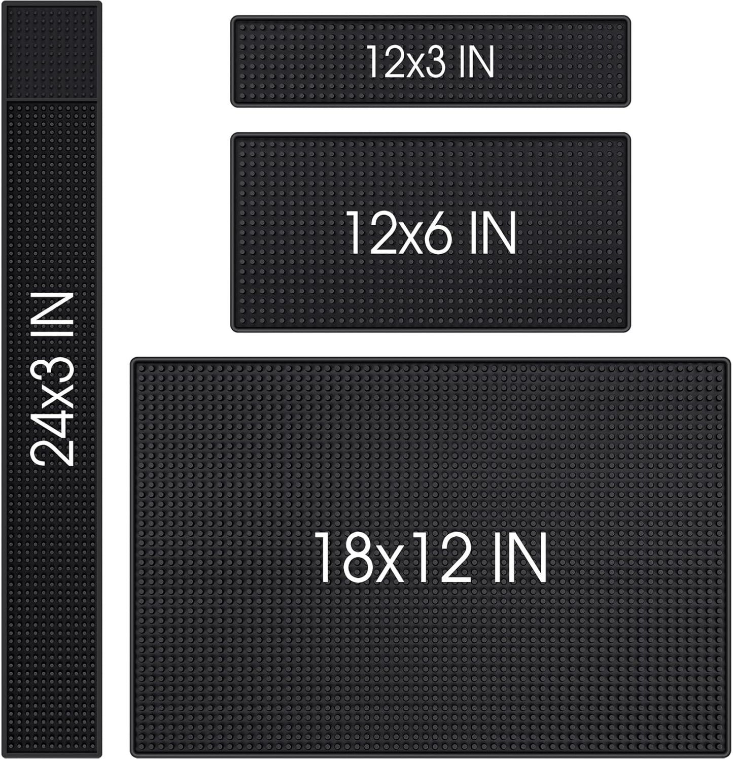 4 Pcs Thick Rubber Bar Mats for Bartending, Durable Non-slip Spill Mat for Countertop, Home Kitchen, Coffee Bars, and Restaurants Accessories, Black(12" X 3"+12" X 6"+18" X 12"+24" X 3")