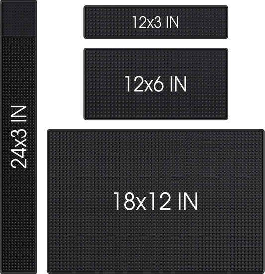 4 Pcs Thick Rubber Bar Mats for Bartending, Durable Non-slip Spill Mat for Countertop, Home Kitchen, Coffee Bars, and Restaurants Accessories, Black(12" X 3"+12" X 6"+18" X 12"+24" X 3")