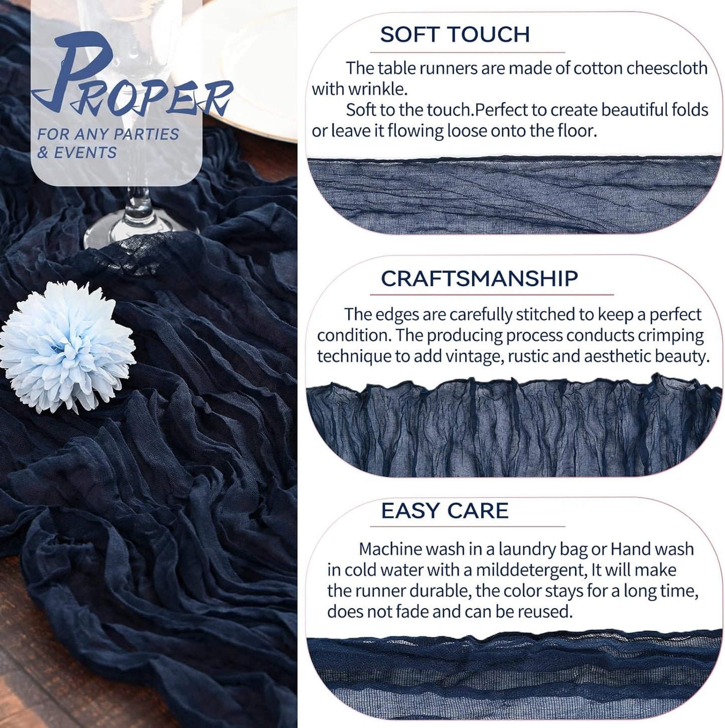 15 Packs Cheesecloth Table Runner Navy Blue,13 Ft Dark Blue Rustic Gauze Boho Wedding Table Runner Decoration, Wedding Table Decor Table Cloth for Wedding Party Bridal Shower Table,21.5x157in