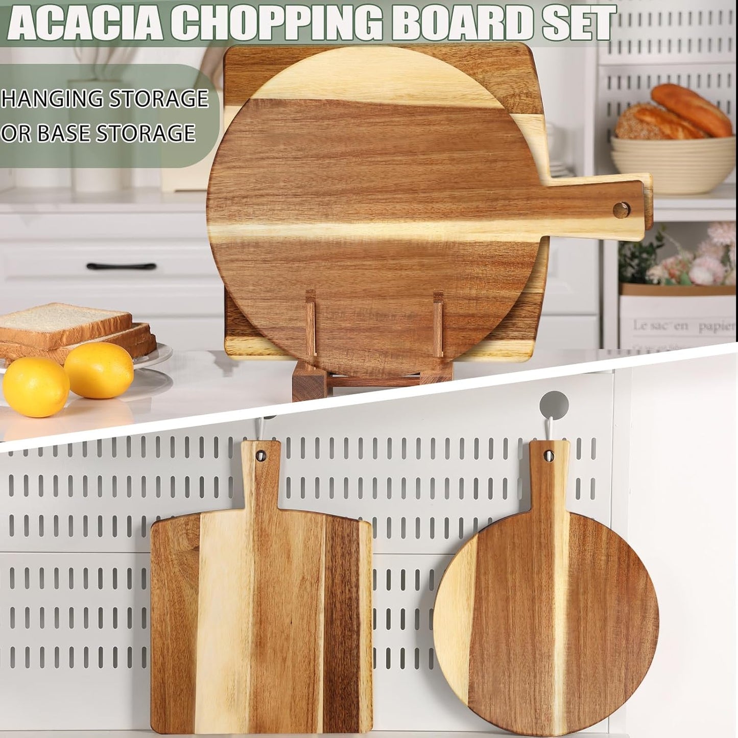 2 Pack Acacia Wood Cutting Board with Stand, Charcuterie Boards for Kitchen, Round & Rectangular Wooden Cutting Board Set for Cheese, Meat, Pizza, Vegetables, Bread(16 x 12 Inch)
