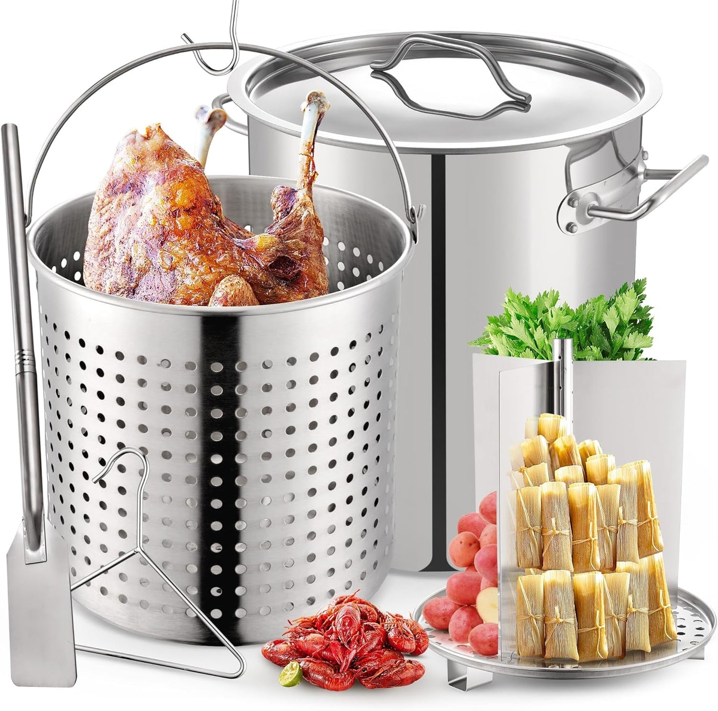 ARC 52quart Large Stainless Steel Stockpot with 36 inch Mixing Paddle for Seafood Boiler Crawfish Pot with Basket and Steam Rack, Stir Paddle for Large Batch Cooking Crab Lobster Shrimp, and Tamales