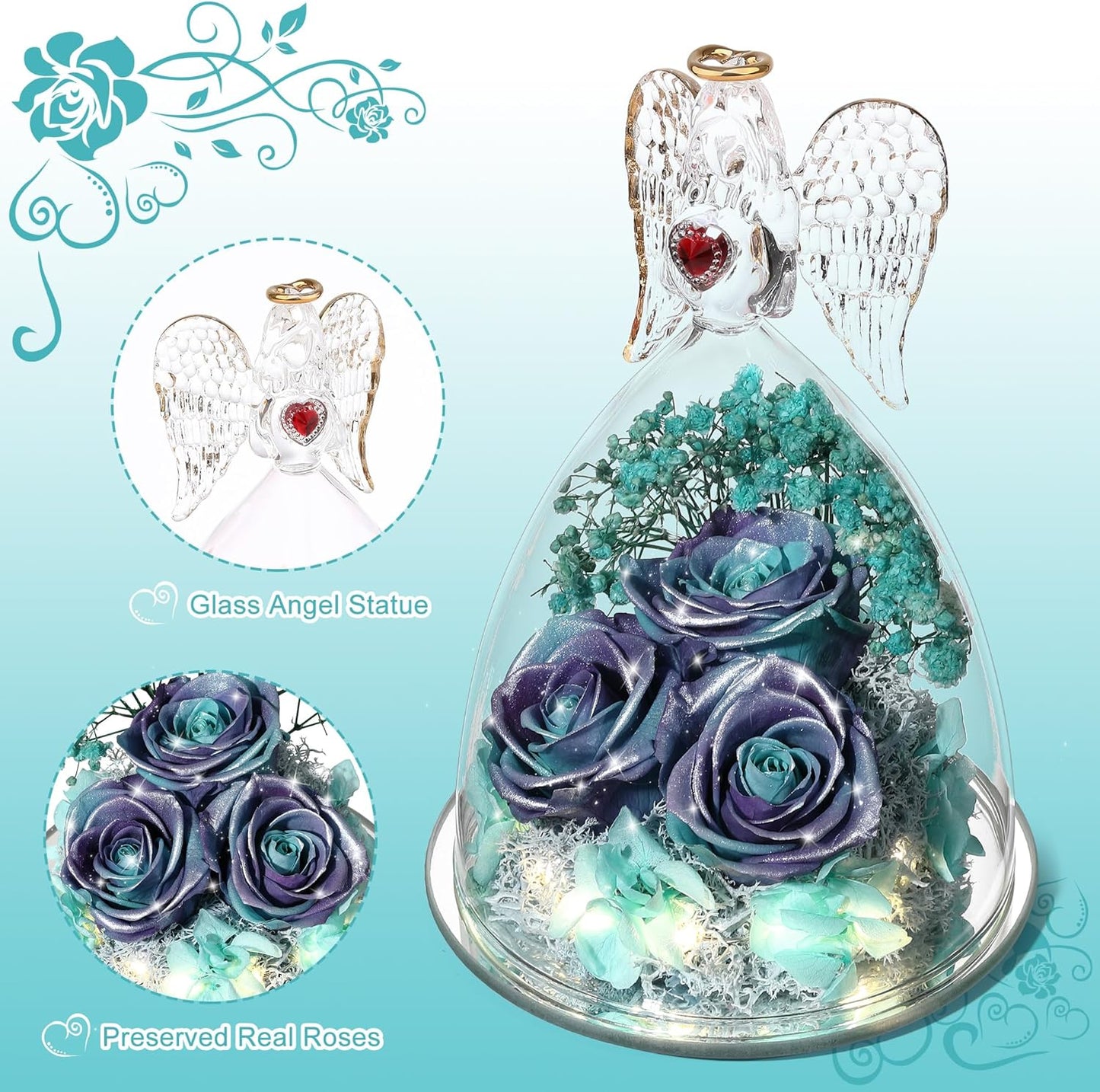 Mothers Day Rose Gifts for Women, Large Angel Figurines with Real Roses, Preserved Real Flower Rose for HerGlitterPurpleAquablue