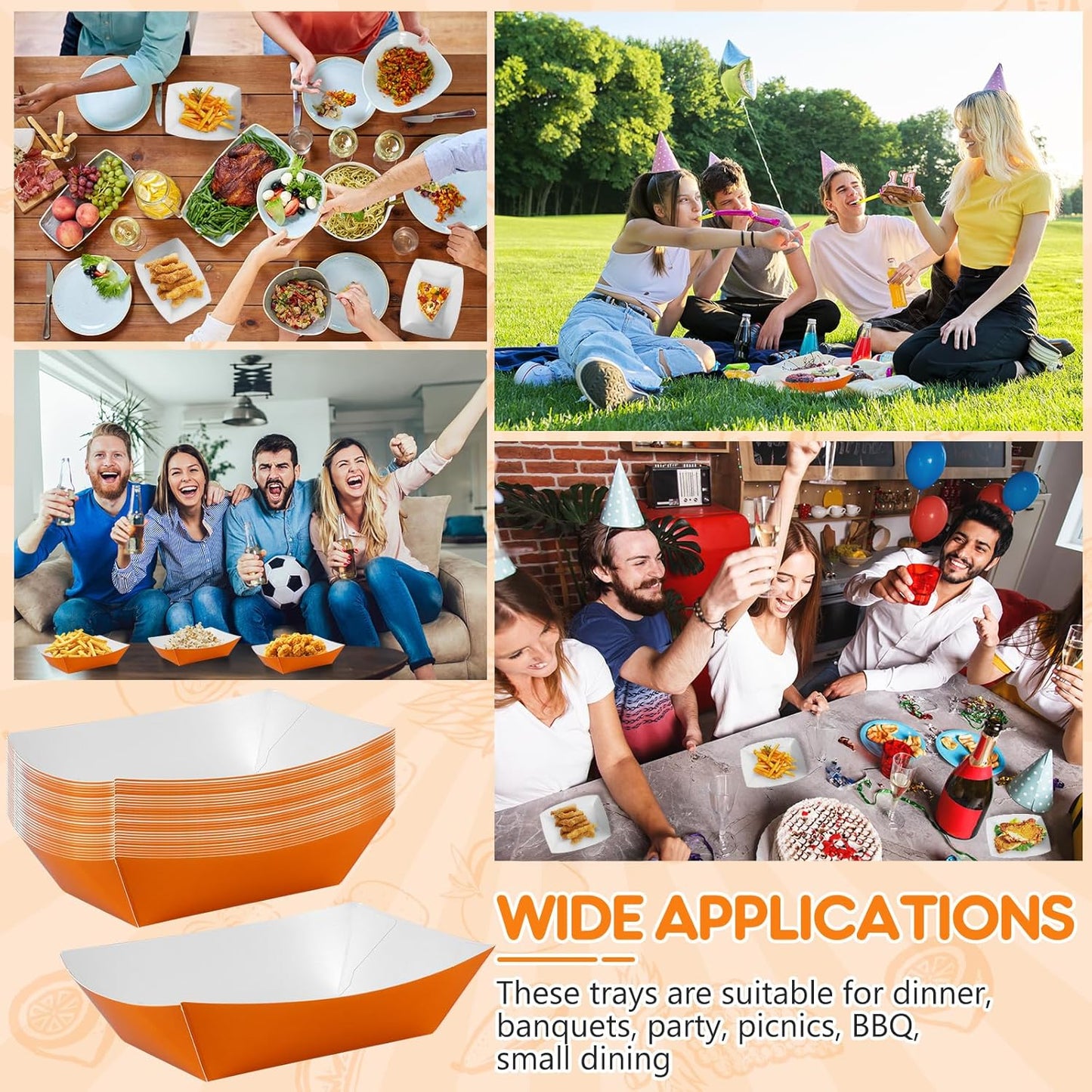100 Pcs Orange Paper Food Tray Sturdy Disposable Food Boats Nacho Plates Disposable Serving Snack Trays for Catering, Party Birthday Supplies, and Food Service (Orange)