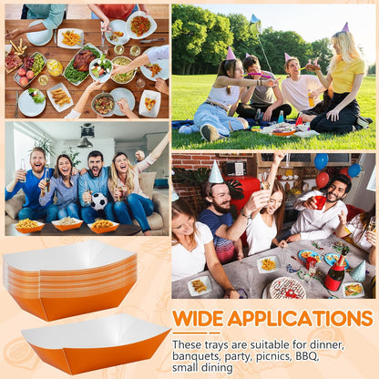 100 Pcs Orange Paper Food Tray Sturdy Disposable Food Boats Nacho Plates Disposable Serving Snack Trays for Catering, Party Birthday Supplies, and Food Service (Orange)