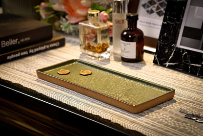 Vanity Tray with Brown Trim, Candle and Bathroom Organizer, Perfume Holder, Decorative Countertop Tray for Dresser, Table, Home Decor, Rectangular, Green, 12"4.7"