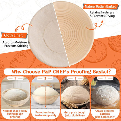 P&P CHEF Bread Proofing Baskets for Sourdough, 9 Inch Proofing Basket Set of 2, Dough Making Baskets, Ideal for Professionals and Beginner Baker, Handmade Rattan Basket with Cloth Liner, Round