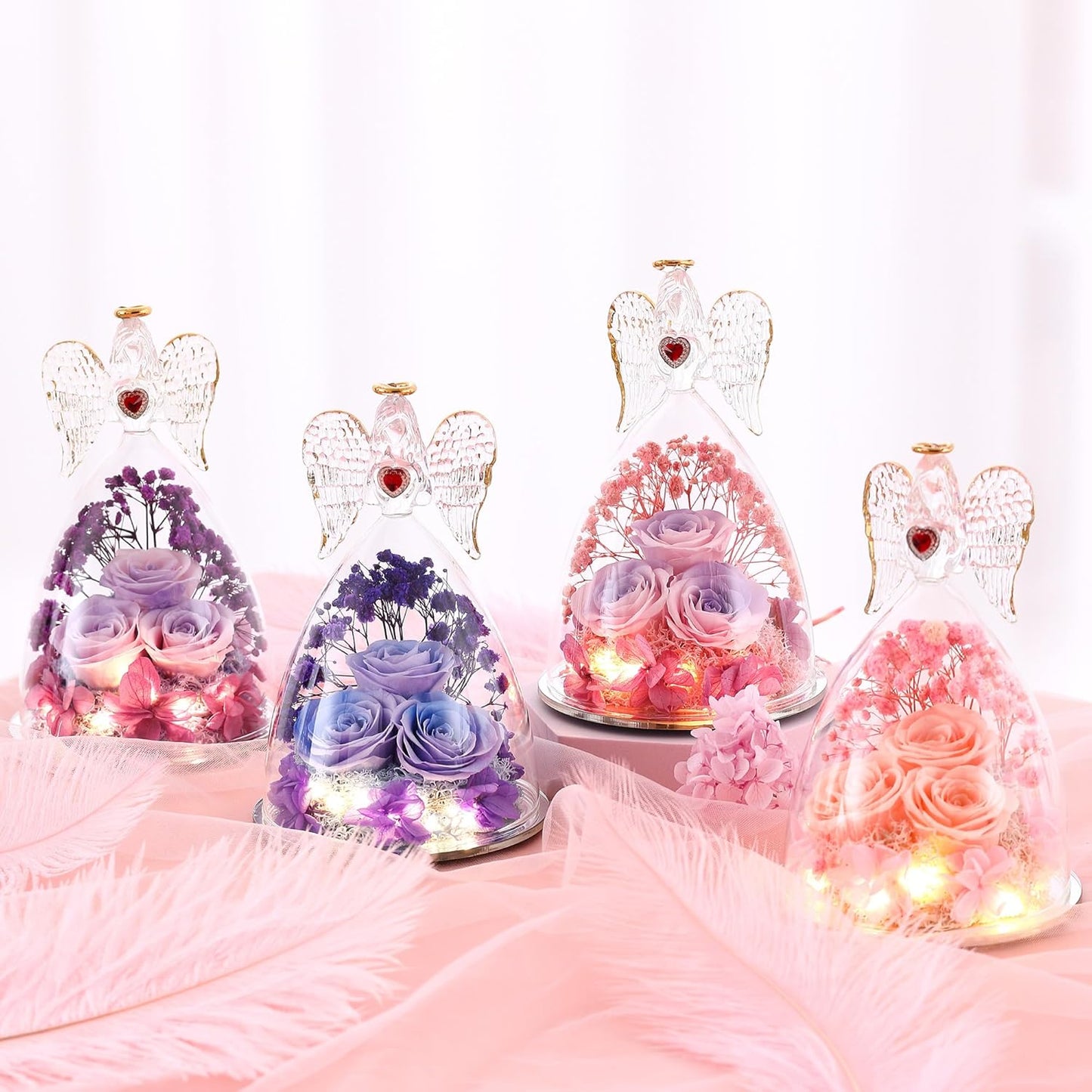 Mothers Day Rose Gifts for Women, Large Angel Figurines with Real Roses, Preserved Real Flower Rose for Her - Purple Blue