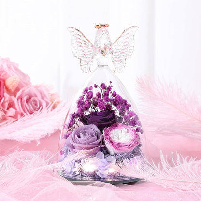 Christmas Rose Gifts for Women Preserved Real Flower in Glass Angel Figurines Roses for Delivery Prime Birthday Gifts for Mom Grandma Girlfriend Wife Her, Colorful Purple