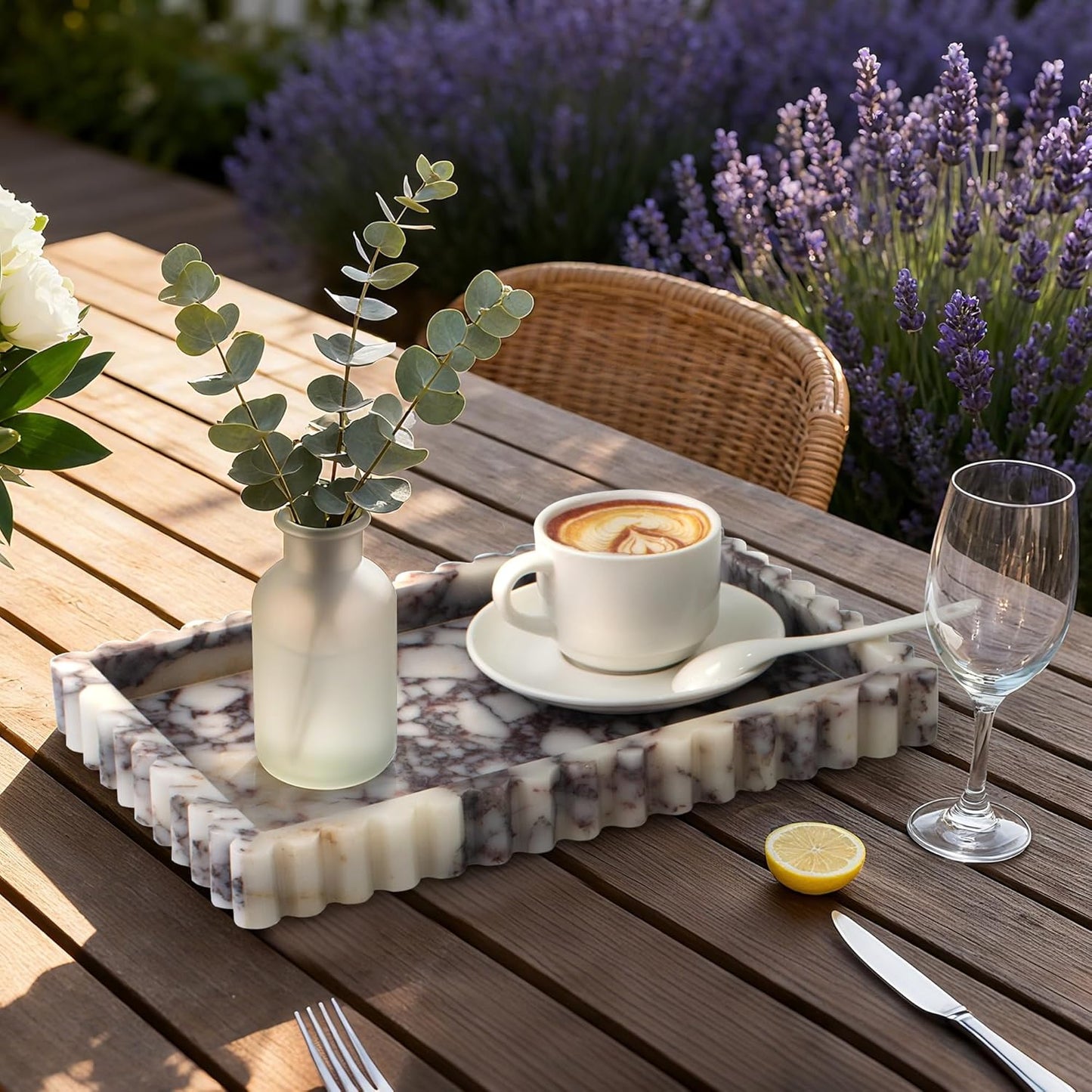 Natural Marble Tray for Bathroom, Real Stone Decorative Vanity Tray with Fluted Edge, Large Marble Serving Storage Tray for Kitchen Counter, Dresser, Home Decor, 11.8" x 8", Calacatta Viola